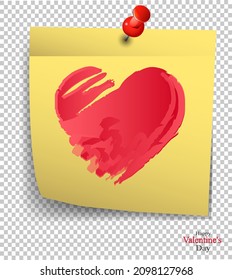 Small yellow sticky paper with a red watercolor heart. Vector illustration