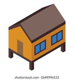 Small yellow stilt house standing on concrete pillars, isometric view, isolated on white background