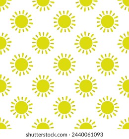 Small yellow suns isolated on a white background. Cute sunny seamless pattern. Vector simple flat graphic illustration. Texture.