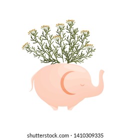 Small yellow wildflowers in an elephant-shaped vase. Vector illustration on white background.