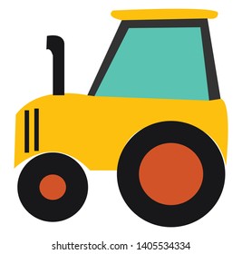 A small yellow-colored tractor with a black front exhaust pipe, driver's cabin blue glass windows, and with different-sized tires, vector, color drawing or illustration. 