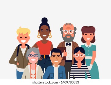 Small yet diverse group of people. Different members of society standing together. Modern society related flat vector illustration: portrait of various social group representatives