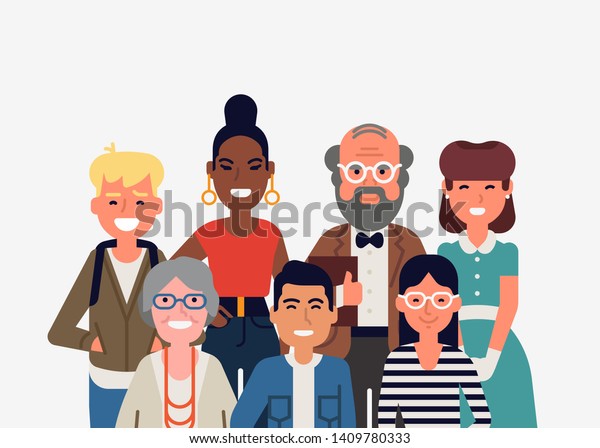 Small yet diverse\
group of people. Different members of society standing together.\
Modern society related flat vector illustration: portrait of\
various social group\
representatives