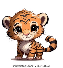 A small and young cute tiger. The baby tiger looks at the viewer with a sympathetic look.