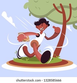 Small young guy playing rugby outdoors. Vector illustration. Flat cartoon concept with boy running across the field. Background with tree and clouds - Vector