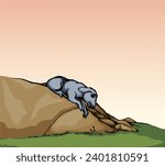 Small young sick white wool ram cub prey meal rural biblic little grass hill. Black line hand drawn bible sin story herd fall down hurt leg lay blood pain die fear look god help care trap life old art