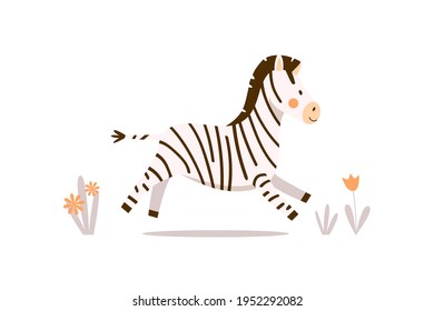 Ein kleiner Zebra in einem süßen schwarzen Streifen verläuft entlang der Straße mit Blumen. Vektorflache Cartoon-Illustration mit glücklicher kawaii-afrikanischer Babyzebra auf weißem Hintergrund für Drucke, Aufkleber, Karten und Textilien