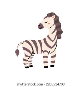 Small zebra in a cute black stripes. Scandinavian style. Vector childish illustration. For poster, greeting card and baby design.