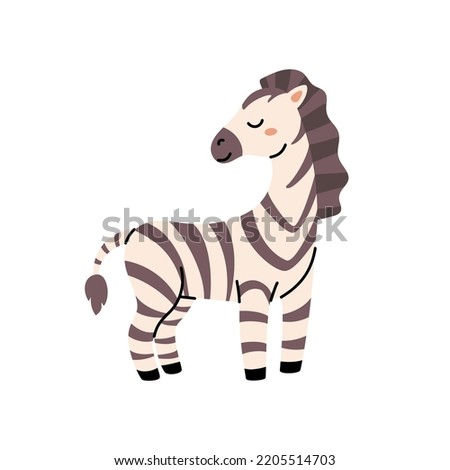 Small zebra in a cute black stripes. Scandinavian style. Vector childish illustration. For poster, greeting card and baby design.