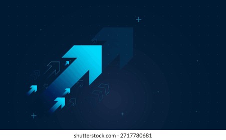 Smaller arrows rise behind it, echoing multiple investments gaining value. And bold blue arrow shoots upward, symbolizing strong financial growth