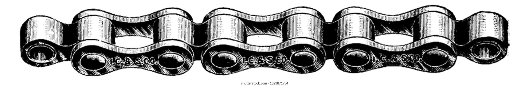 It is a smaller component of the chain piece. A number of such metal joints are fixed together to form the chain of the bicycle, vintage engraved line art illustration. Bicycle Accessories 1900.