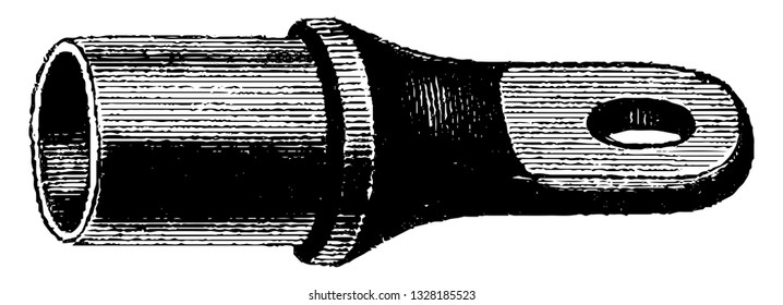 Un componente más pequeño que no tiene hilo sino una estructura similar a un anillo. Probablemente colocado cerca del tubo del asiento, ilustración de línea grabada vintage. Accesorios para bicicletas - 1900