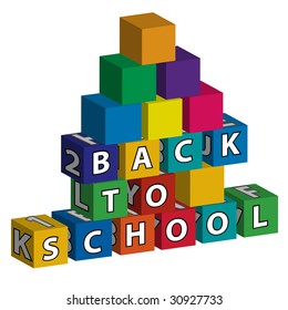 Smaller school with colored roof made of toy blocks with the inscription "Back to school"