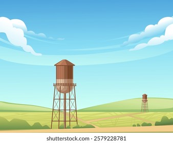 Smaller wooden water tower with a simple structure. Supported by sturdy beams. Light blue sky with soft, wispy clouds. Vector illustration with rural landscape background