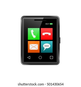 Smallest smartphone with app icons. Little touchscreen phone. Realistic smart phone. Isolated on white. Vector illustration.