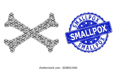 Smallpox dirty round stamp seal and vector recursive mosaic crossing bones. Blue stamp seal contains Smallpox title inside circle shape. Vector mosaic is created from repeating crossing bones items.