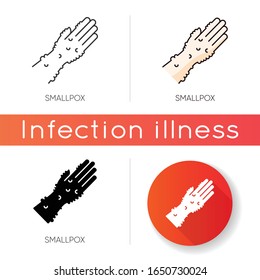 Icono de viruela. Estilos de color lineal negro y RGB. Enfermedad dermatológica contagiosa, enfermedad infecciosa. Virus variola, irritación cutánea. Mano humana con rash Isolación ilustraciones vectoriales