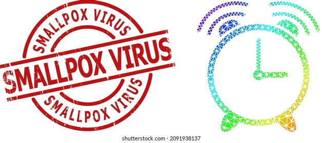 Insignia de grunge de virus Smallpox y icono de reloj de alarma de color arco iris bajo con gradiente. El sello rojo contiene la etiqueta VIRUS SMALLPOX dentro del círculo y la forma de las líneas.