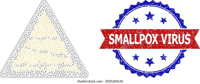 Smallpox Virus scratched seal imitation, and barbed fence warning icon network model. Red and blue bicolor stamp seal has Smallpox Virus title inside ribbon and rosette.