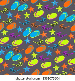 small-scale or ditsy seamless background with flip flops, sunglasses and starfish
