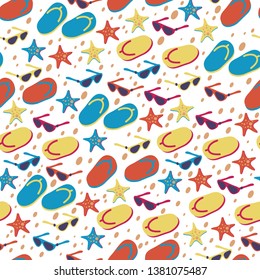 small-scale or ditsy seamless background with flip flops, sunglasses and starfish