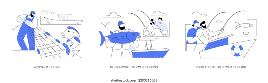 Conjunto de ilustraciones vectoriales abstractas de concepto de pesca a pequeña escala. Pesca artesanal, pasatiempo y pesca recreativa con redes de arrastre de agua dulce y salada, captura fresca, uso de varillas y metáforas abstractas.