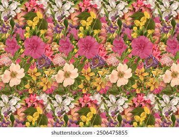 Small-scale flowers with a simple, adorable pattern. crosswise millefleurs. Floral seamless background for scrapbooking, gift wrapping, wallpaper, textile or book covers, and manufacturing.