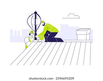 Small-scale wind power abstract concept vector illustration. Engineers installing small-scale wind power station, ecology care, sustainable building, eco-friendly architecture abstract metaphor.