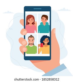 Smarphone with group of people doing group call. Online meeting via video conference. Vector illustration in flat style