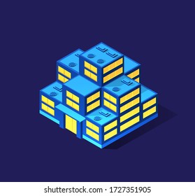 A smart 3D illustration city building on a purple ultraviolet background from isometric building street architecture on modern creative violet night style