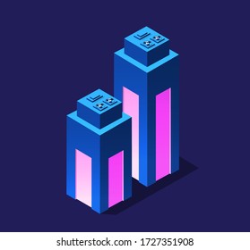 Una inteligente ilustración en 3D de edificios urbanos sobre un fondo violeta morado para la arquitectura de la calle isométrica. Color moderno y creativo de la noche violeta