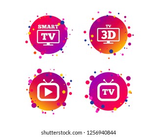 Smart 3D TV mode icon. Widescreen symbol. Retro television and TV table signs. Gradient circle buttons with icons. Random dots design. Vector