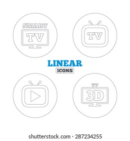 Smart 3D TV mode icon. Widescreen symbol. Retro television and TV table signs. Linear outline web icons. Vector