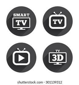 Smart 3D TV mode icon. Widescreen symbol. Retro television and TV table signs. Circles buttons with long flat shadow. Vector