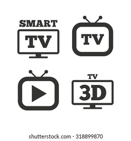 Smart 3D TV mode icon. Widescreen symbol. Retro television and TV table signs. Flat icons on white. Vector