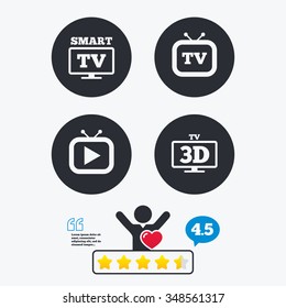 Smart 3D TV mode icon. Widescreen symbol. Retro television and TV table signs. Star vote ranking. Client like and think bubble. Quotes with message.