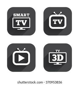 Smart 3D TV mode icon. Widescreen symbol. Retro television and TV table signs. Square flat buttons with long shadow.