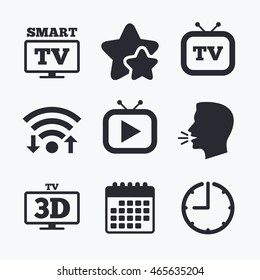 Smart 3D TV Mode Icon. Widescreen Symbol. Retro Television And TV Table Signs. Wifi Internet, Favorite Stars, Calendar And Clock. Talking Head. Vector