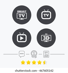 Smart 3D TV mode icon. Widescreen symbol. Retro television and TV table signs. Chat, award medal and report linear icons. Star vote ranking. Vector