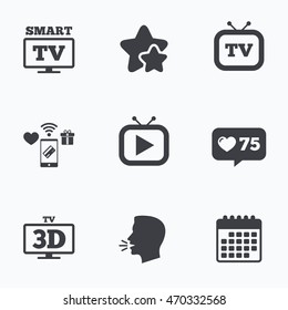 Smart 3D TV Mode Icon. Widescreen Symbol. Retro Television And TV Table Signs. Flat Talking Head, Calendar Icons. Stars, Like Counter Icons. Vector