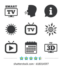 Smart 3D TV mode icon. Widescreen symbol. Retro television and TV table signs. Information, go to web and calendar icons. Sun and loud speak symbol. Vector
