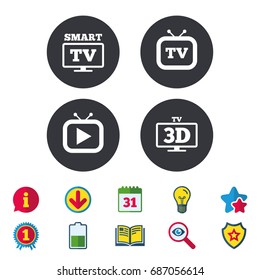 Smart 3D TV mode icon. Widescreen symbol. Retro television and TV table signs. Calendar, Information and Download signs. Stars, Award and Book icons. Light bulb, Shield and Search. Vector