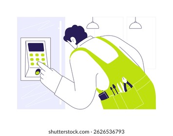 Ilustração de vetor de conceito abstrato de instalação de sistema de acesso inteligente. Contratante instala dispositivo de acesso inteligente para propriedade comercial, obras interiores, metáfora abstrata de código eletrônico.