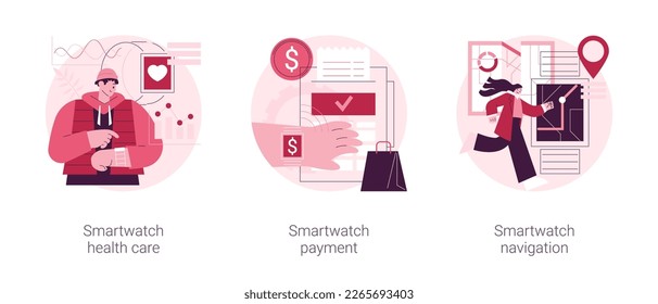Smart accessories abstract concept vector illustration set. Smartwatch health care, payment with wearable device, navigation software, smart tracker, get directions, body monitor abstract metaphor.