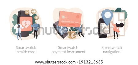 Smart accessories abstract concept vector illustration set. Smartwatch health care, payment with wearable device, navigation software, smart tracker, get directions, body monitor abstract metaphor.