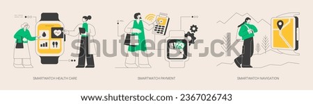 Smart accessories abstract concept vector illustration set. Smartwatch health care, payment with wearable device, navigation software, smart tracker, get directions, body monitor abstract metaphor.