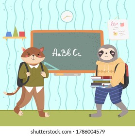 Smart active students came to study for a lesson with books. Cute sloth and a cat schoolboys with backpacks are standing near the blackboard. Funny cartoon animal student. Back to school concept