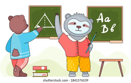 Smart active students came to study for a geometry lesson with books. Cute sloth and a bear schoolboys are standing near the blackboard. Funny cartoon animal student. Back to school concept