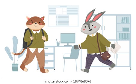 Smart active students are ready for lesson with books. Cute rabbit and cat schoolboys with backpacks are standing in class. The hare runs with a letter in his hands. Animals spend time at school