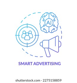 Icono de concepto de gradiente azul de publicidad inteligente. Inteligencia artificial. Marketing digital. Ilustración de línea delgada de idea abstracta de promoción en línea. Dibujo de contorno aislado. Se usa una fuente Myriad Pro-Bold